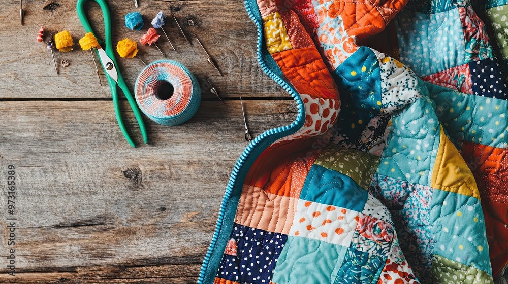 Obraz premium Colorful Quilted Blanket and Sewing Tools on Rustic Wood