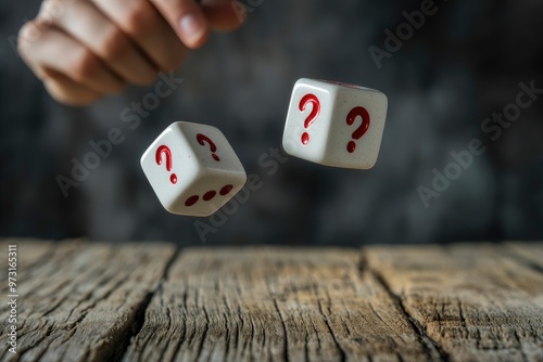 Hand Throwing Two Dice With Red Question Marks Onto Wooden Table with generative ai