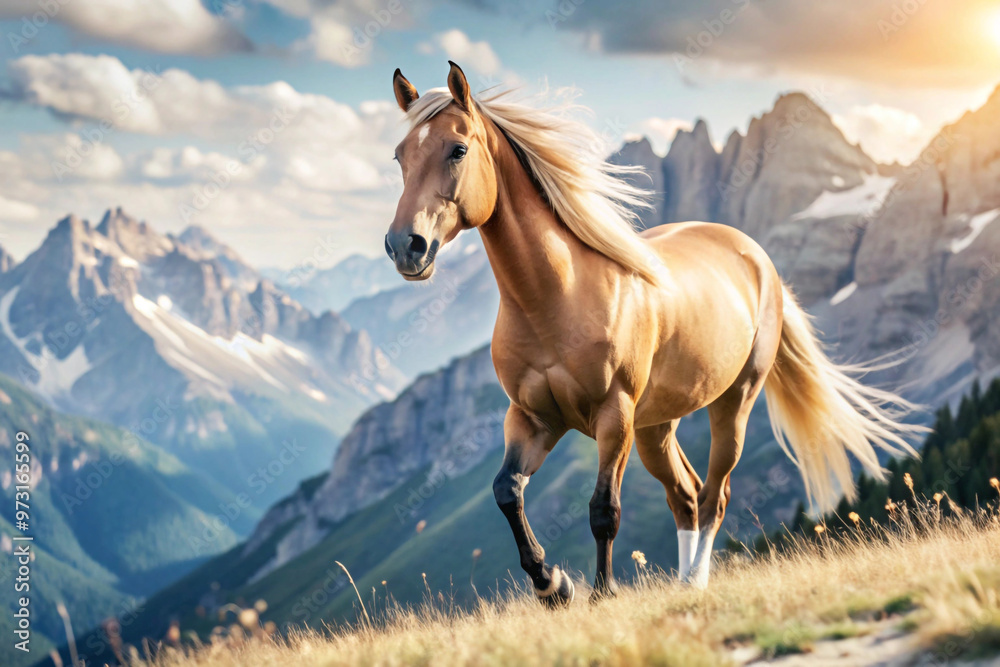 Palomino Horse Running on Mountain Meadow with Snowy Peaks in Background Palomino Horse Running on Mountain Meadow with Snowy Peaks in Background