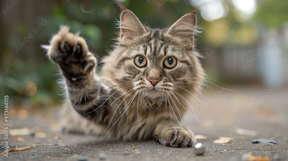 A fluffy cat with wide eyes and an extended paw reaches for a small, shiny object on the ground, displaying its inquisitive nature. Close-up photo with clean background