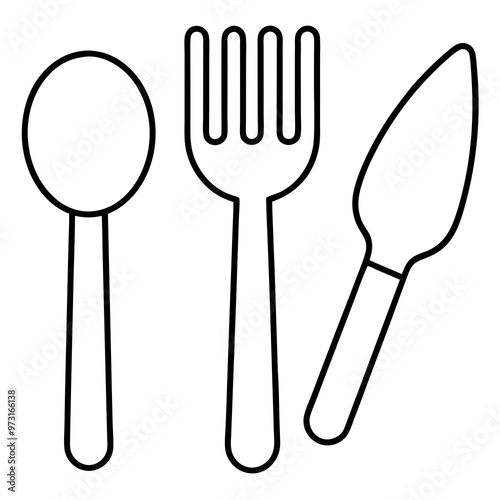 Vector black illustration of Knife, fork and spoon on white on white background