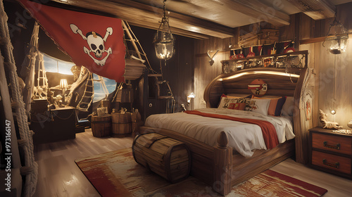 Magical pirate ship themed bedroom with treasure chest decor childrens fantasy interior. Pirate Ship. Illustration