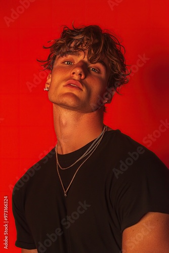 A 20-year-old European or American man, wearing a stylish cocktail dress, with an enraptured expression, against a pure red background. 