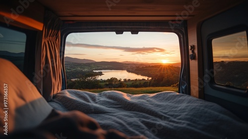 sunset view from a van campsite