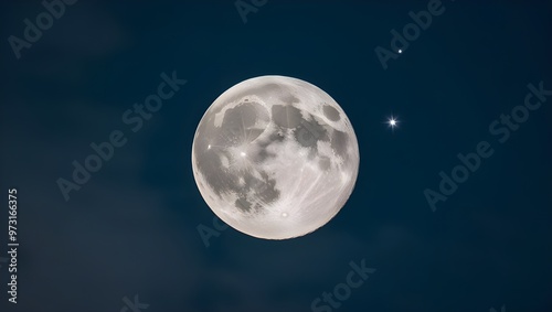 A bright moon illuminates the night sky, surrounded by twinkling stars, creating a serene celestial scene. 