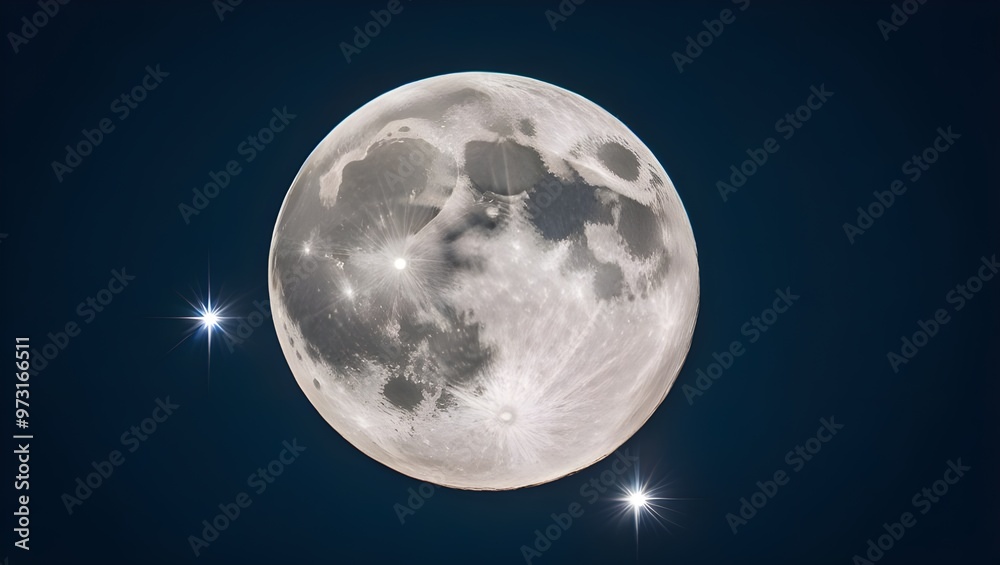 A bright moon illuminates the night sky, surrounded by twinkling stars, creating a serene celestial scene.
