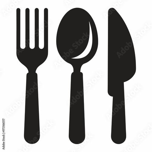 Vector black illustration of Knife, fork and spoon on white on white background