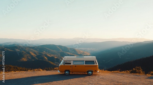 Vintage camper van at sunset in the mountains