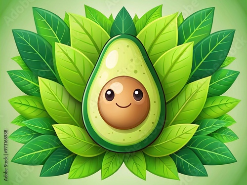 A vibrant, stylized illustration of a ripe avocado with a subtle smile, surrounded by lush green leaves and subtle creases, in a modern flat design style. photo