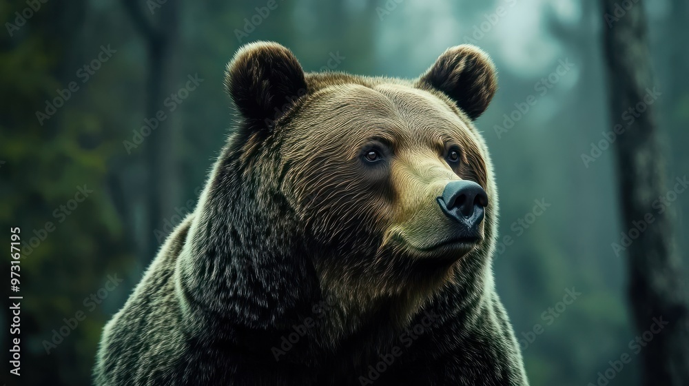 Fototapeta premium A close-up view of a beautiful bear looking away with a blurred nature background - Bear portrait illustration - Wildlife concept