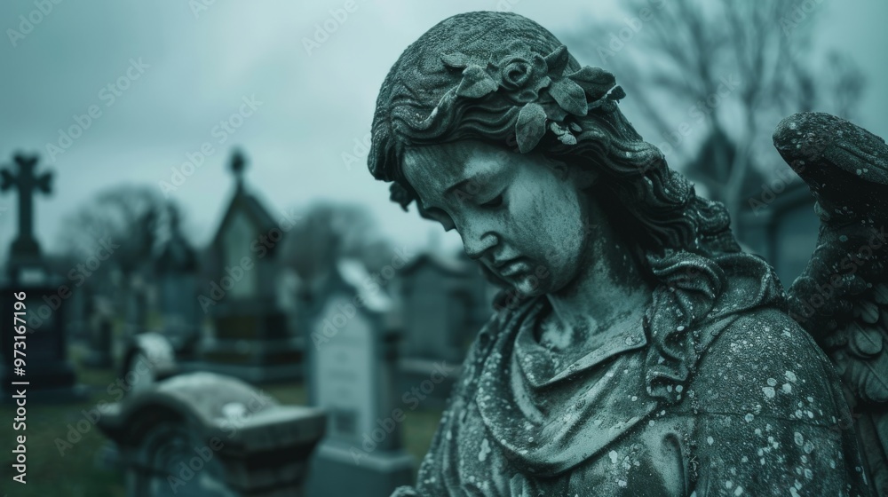 A grieving angel statue with a bowed head, surrounded by faded gravestones, under a cloudy sky creating a moody atmosphere. A grieving angel statue with a bowed head, surrounded by faded gravestones, under a cloudy sky creating a moody atmosphere.