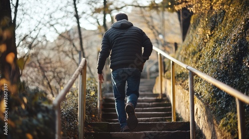 Man walking up stairs in an autumn park setting with vibrant yellow leaves and a peaceful atmosphere