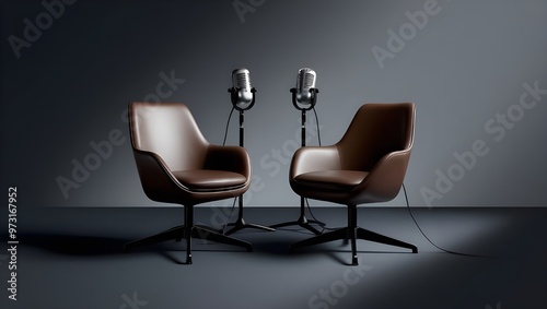 Two chairs with microphones set against a dark background, ideal for interviews or discussion