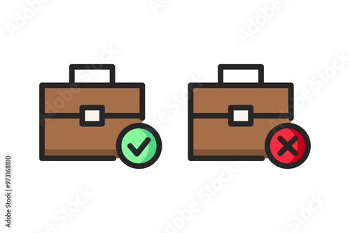 Set of suitcase icon with tick check mark and cross mark. Employment, economy, job seeking, recruitment concepts. Colored outline vector design isolated illustration.