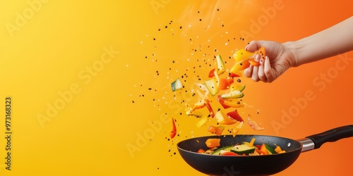 A hand is tossing vegetables into a pan on a yellow background. 