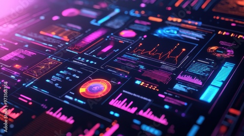 Vibrant digital dashboard showcasing dynamic data visualizations and analytics trends in a futuristic setting with glowing graphics