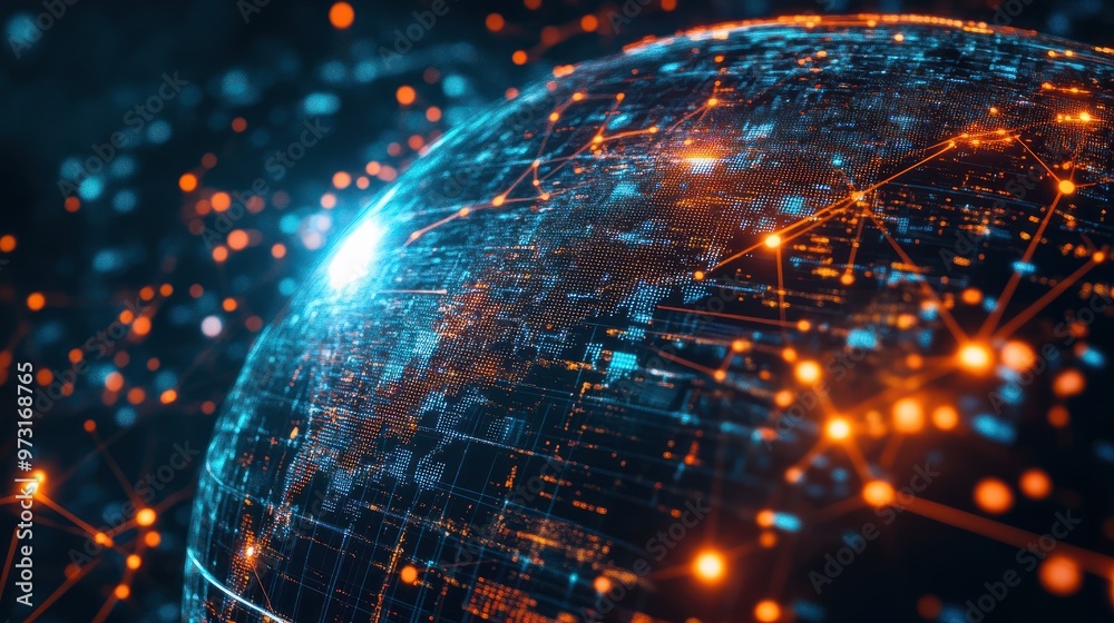 Obraz premium A rotating digital globe with data points and connections lighting up, 4K Technological Video Background Animation