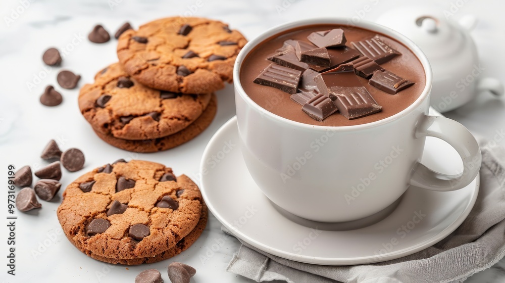 White cup hot chocolate with chocolate pieces, served with chocolate chip cookies on a white surface, clean and modern presentation, perfect for indulgence and satisfying cravings.