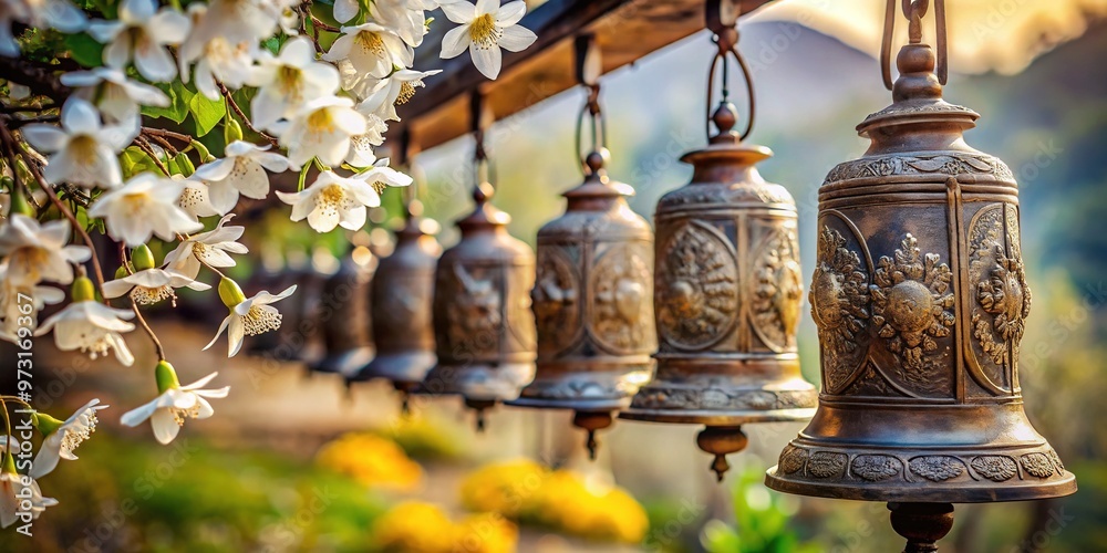 Delicate white flowers bloom amidst intricately etched Tibetan bells, their gentle curves and soft focus evoking a serene, mystical atmosphere in a tranquil Asian setting. Delicate white flowers bloom amidst intricately etched Tibetan bells, their gentle curves and soft focus evoking a serene, mystical atmosphere in a tranquil Asian setting.