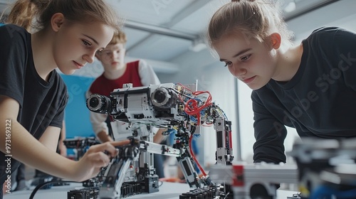 Students Collaborating on Robotics Project in Classroom