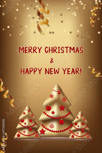 Golden Christmas Gradient Mesh Vector Illustration Vertical greeting card serpentine tLight gold background Text Merry Christmas and Happy New Year Festive rays Golden fir trees New year trees photo