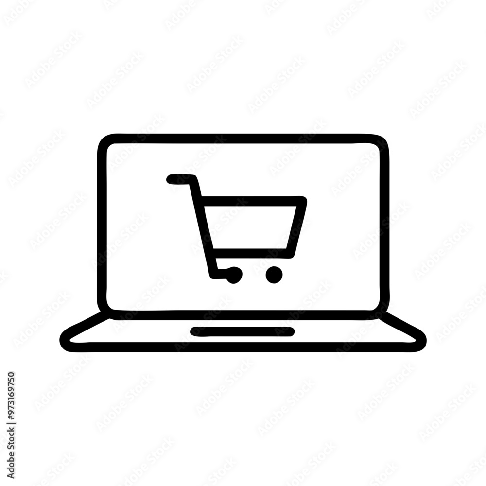 Simple Online Shopping Icon with Cart on Laptop Screen in Black and White