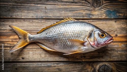 Freshly caught lenguado fish with silver scales and delicate fins laid out on a rustic wooden table with a subtle ocean-inspired background. photo