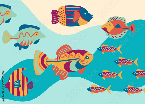 Pattern poissons exotiques et colorés, aquarium, océan pacifique multicolore maquereau, saumon, poisson arc en ciel
