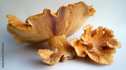 Detailed view of unique orange mushrooms on a plain background showcasing their intricate gills and unusual shapes