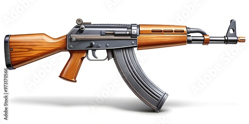 Illustrated depiction of a classic select-fire assault rifle with wooden stock and curved magazine, set against a plain white background with subtle shadows. photo