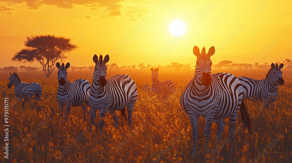 Fototapeta premium Zebras at Sunset in African Savanna