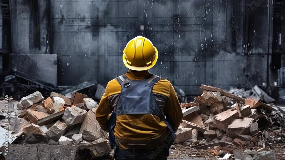 Construction worker in hard hat and safety vest sits among rubble, examining a damaged building, showing the importance of safety in construction Construction worker in hard hat and safety vest sits among rubble, examining a damaged building, showing the importance of safety in construction