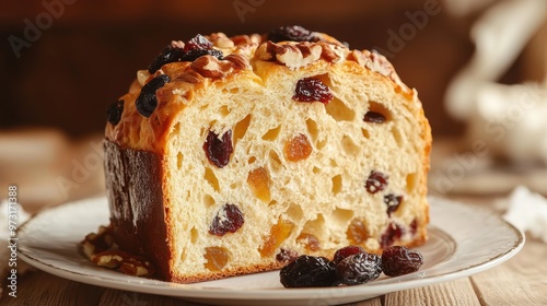 Freshly baked fruit bread showcasing a golden crust and colorful dried fruits on a rustic wooden table