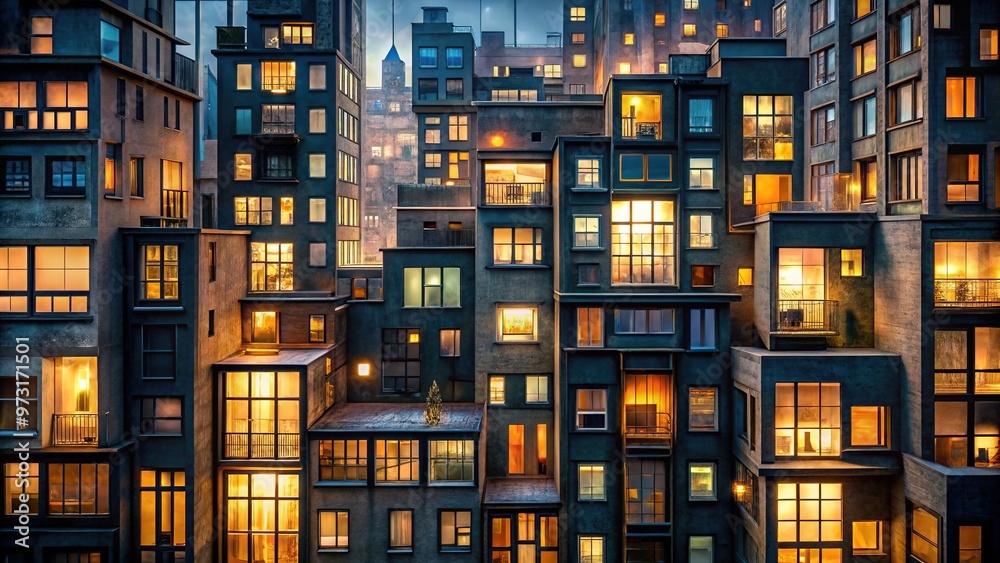 Mysterious dimly-lit cityscape at dusk, a labyrinth of abstracted windows and architectural forms, inviting the viewer to peek into the private lives of the unknown. Mysterious dimly-lit cityscape at dusk, a labyrinth of abstracted windows and architectural forms, inviting the viewer to peek into the private lives of the unknown.