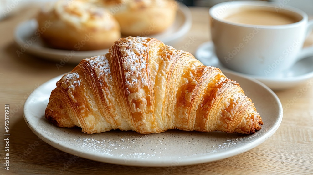 A Close-Up of a Buttery Croissant with Powdered Sugar on a Plate A Close-Up of a Buttery Croissant with Powdered Sugar on a Plate