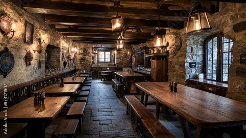 Rustic dining area in a cozy stone tavern with wooden tables and warm lighting, ideal for gatherings in a historic setting