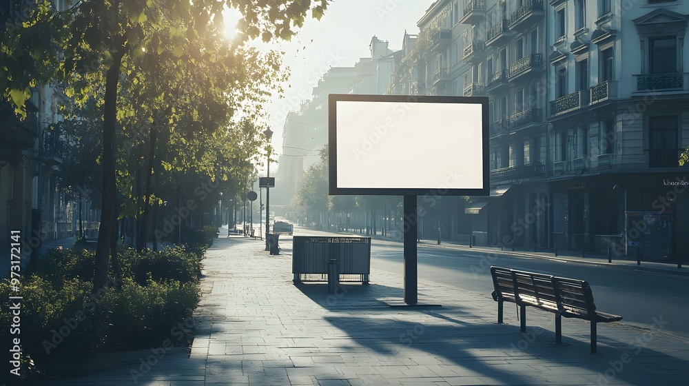 An empty city street with a blank billboard and a park bench under soft morning light, framed by trees and classic architecture. An empty city street with a blank billboard and a park bench under soft morning light, framed by trees and classic architecture.