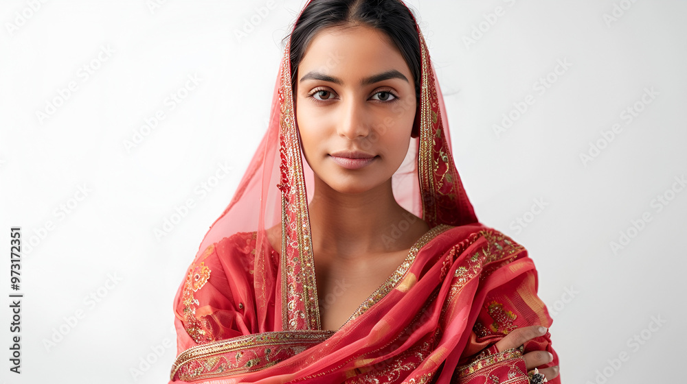 An desi woman, alone against a white background, exudes confidence and pride. An desi woman, alone against a white background, exudes confidence and pride.