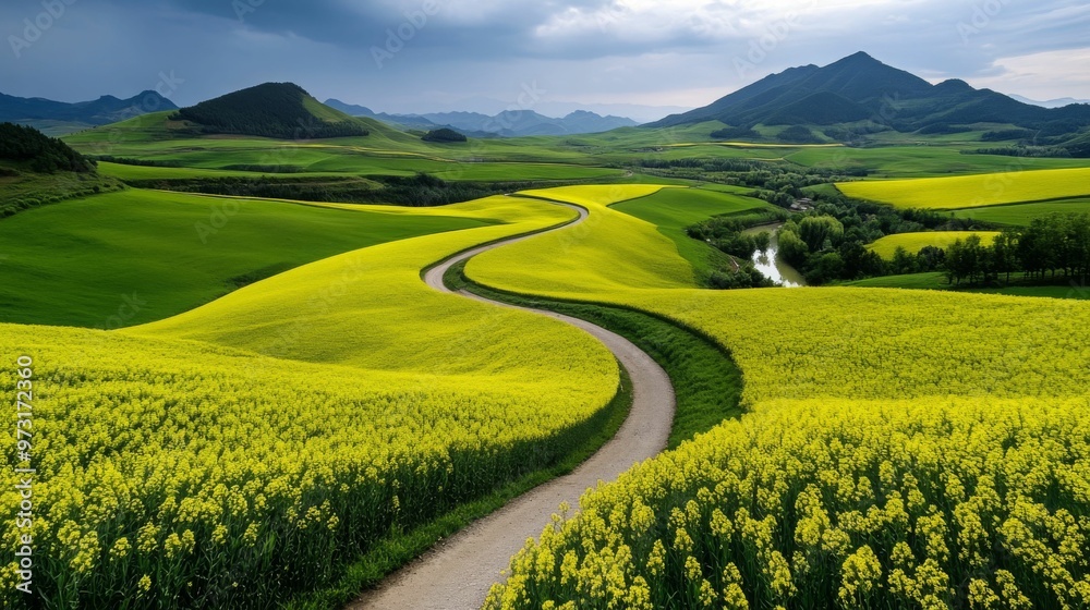 Fototapeta premium A breathtaking view of a winding path through endless fields of yellow flowers, leading toward distant mountains under a cloudy sky. 