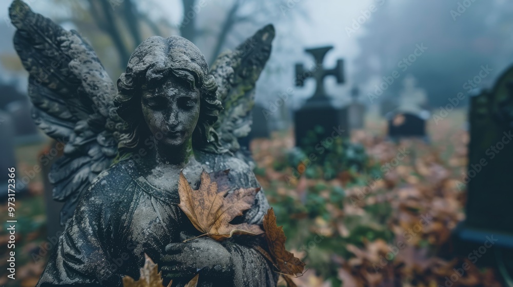 Fototapeta premium A somber angel statue with weathered features standing in a misty graveyard, surrounded by overgrown grass and fallen leaves. Close-up photo with clean background