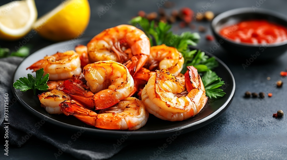 A plate of grilled shrimp with parsley and lemon wedges. A plate of grilled shrimp with parsley and lemon wedges.