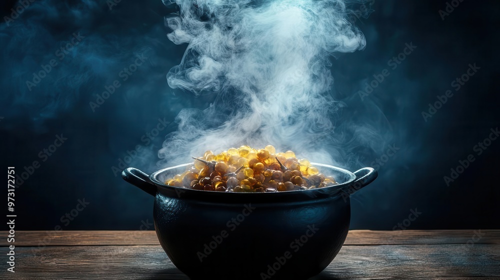 bubbling cauldron filled with a mysterious potion, with smoke rising and swirling above it bubbling cauldron filled with a mysterious potion, with smoke rising and swirling above it