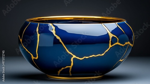 A blue kintsugi bowl adorned with golden cracks, showcasing the art of mending broken pieces.