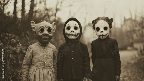 children kids halloween scary vintage photography masks 19th century horror costumes party photo