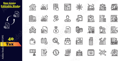 Tax Stroke Icon Set. This collection includes icons for tax-related concepts such as tax refunds, deductions, payments, tax accounting, calculators, and taxpayers.