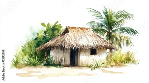 A rustic wooden dwelling with a thatched roof surrounded by lush greenery in a tropical setting during the daytime