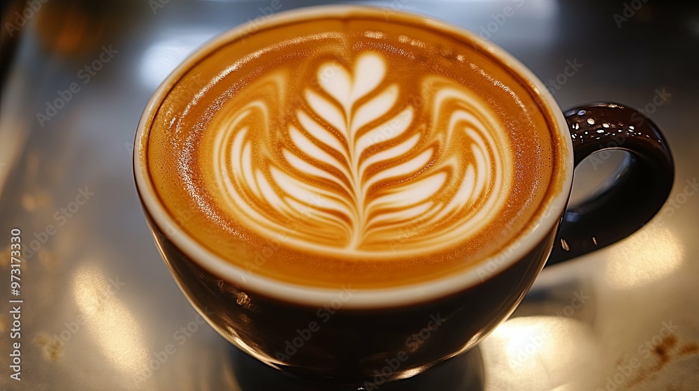 Close-up of a Latte with a Detailed Leaf Design in a Brown Mug Close-up of a Latte with a Detailed Leaf Design in a Brown Mug