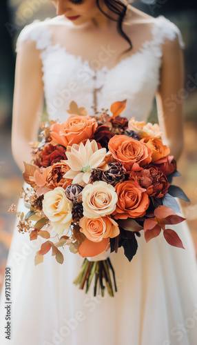 A bride holding an autumnal bouquet featuring flowers in Pumpkin Orange, Creamy White, and Espresso Brown. A warm and rustic fall wedding scene.
