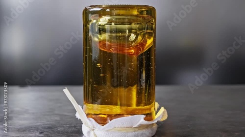 Jar of honey with air bubbles