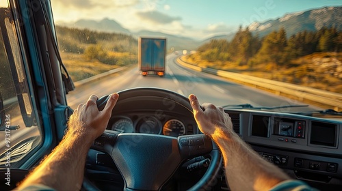Close-up of a Trucker's Hands on the Steering Wheel While Driving on a Highway